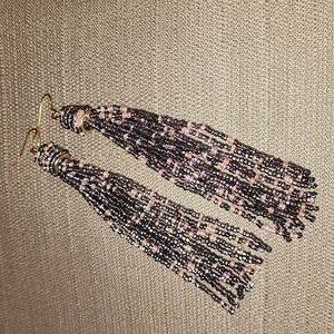 New Kenneth Jay Lane Pink & Purple Beaded Tassel Hook Earrings, NWOT